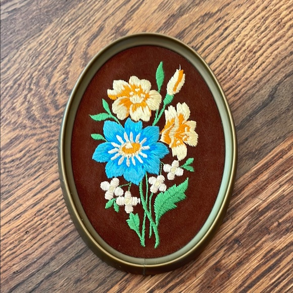 Vintage Other - Floral Embroidered Wall Art with Gold Frame